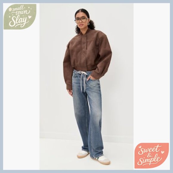 Faux Suede Bomber Jacket with Padded Shoulders and Snap Cuffs - Picture 3 of 6